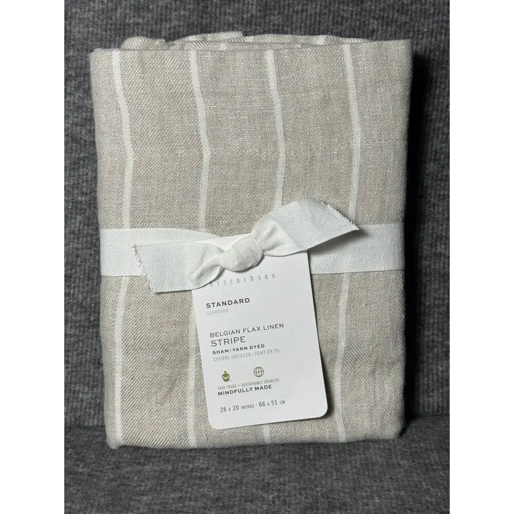 Pottery Barn Belgian Flax Linen Striped Standard Pillow Sham Flax Ivory 26x20